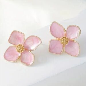Pink Floral Petal Stud Earrings - Gold Accent